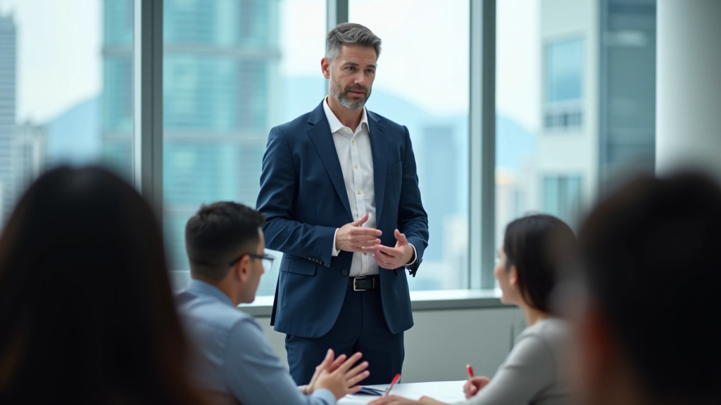 Professional communication trainer conducting a workshop with diverse group of participants in modern Hong Kong office setting
