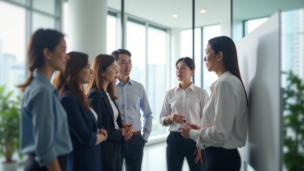 Team collaboration in modern office environment, people engaged in productive discussion, bright workspace with natural light